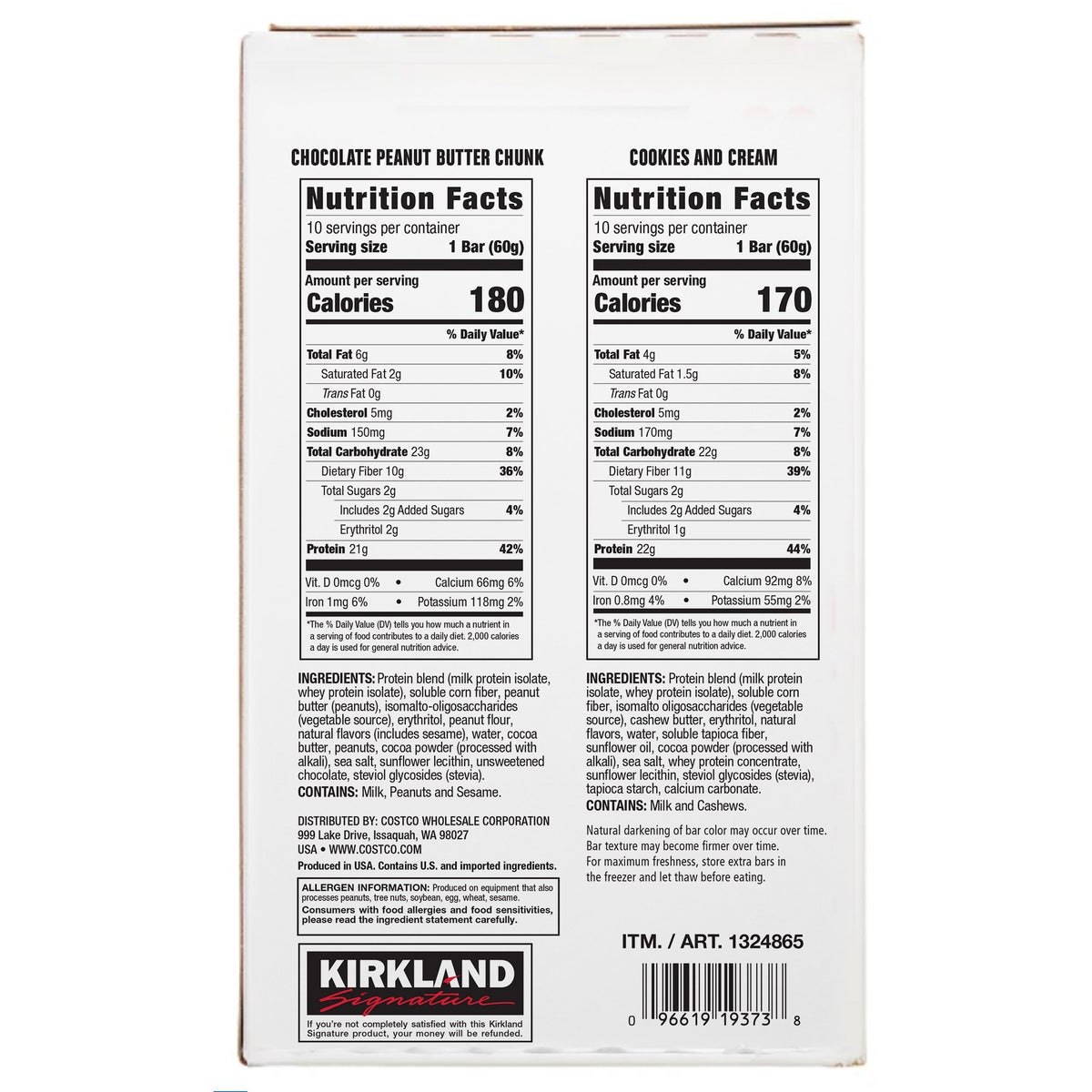 Kirkland Signature Chocolate Peanut Butter Chunk protein bars