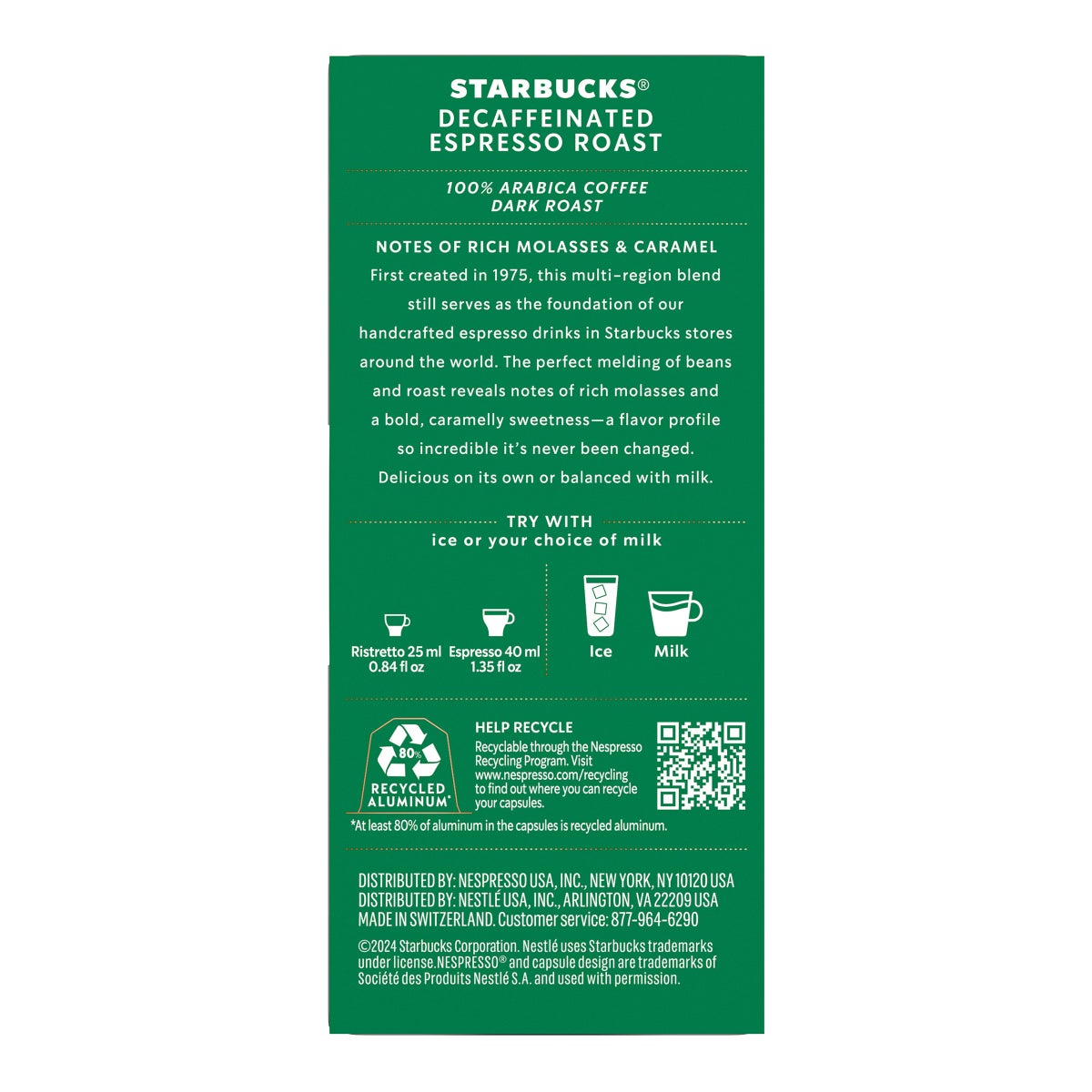 Dark roast Starbucks decaf coffee capsules for Nespresso Original Line