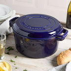 Staub oven safe cast iron cookware in dark blue