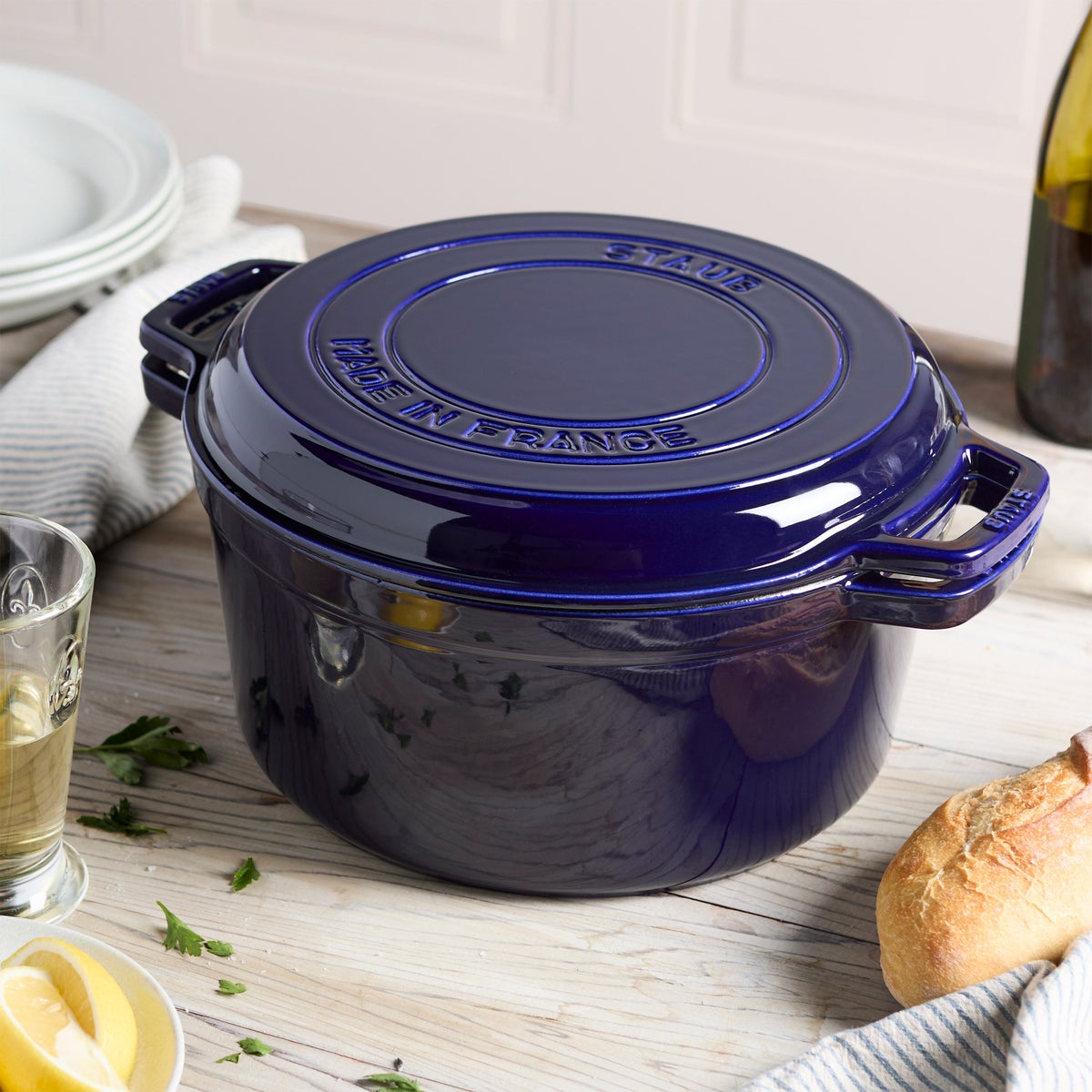 Staub oven safe cast iron cookware in dark blue