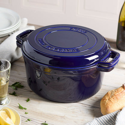 Staub oven safe cast iron cookware in dark blue