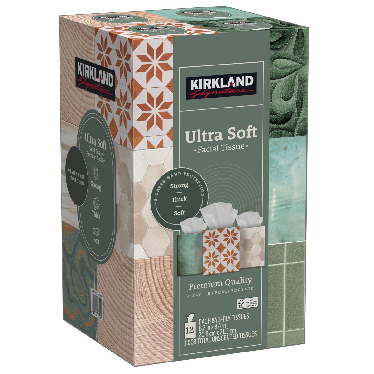 Upright box of Kirkland Signature facial tissues
