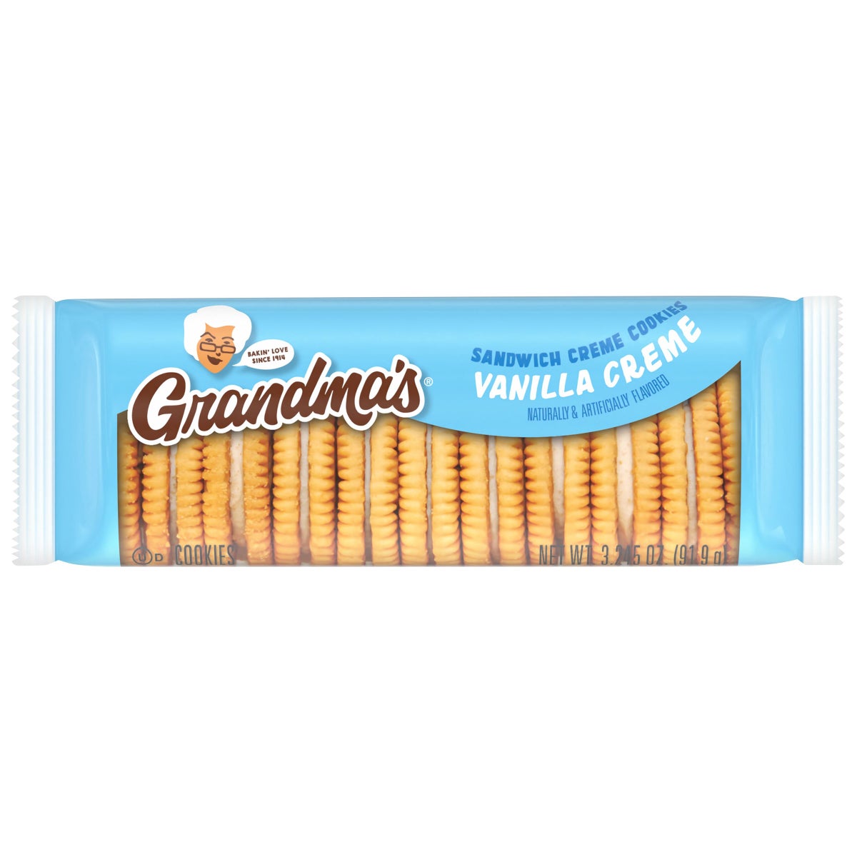 Vanilla creme sandwich cookies close-up packaging