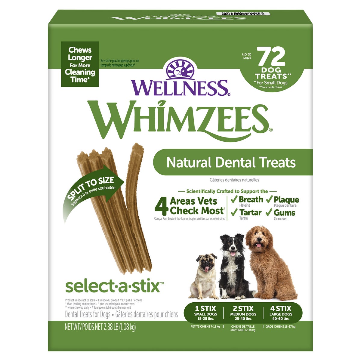 Whimzees natural dental chew sticks 72-count pack