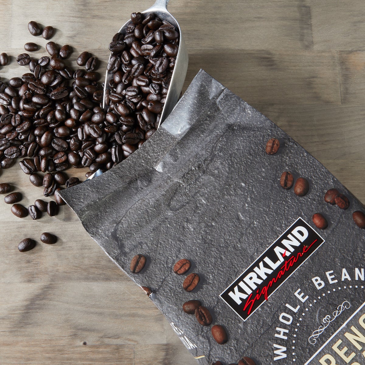 French roast coffee bag front view Kirkland Signature