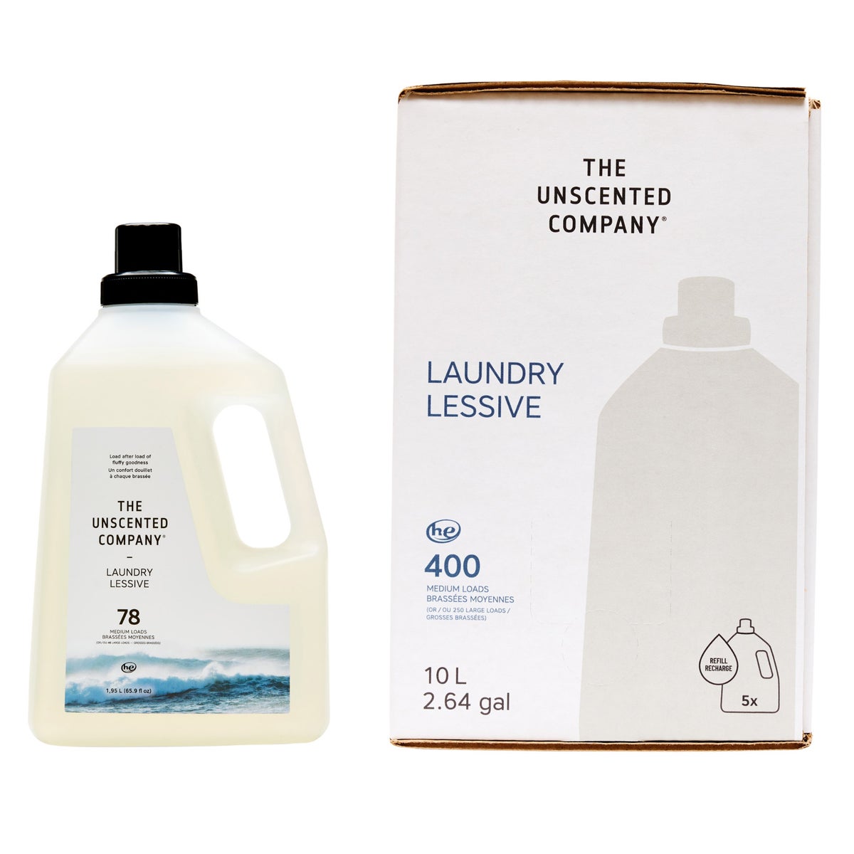 The Unscented Company HE liquid laundry detergent bottle and refill box