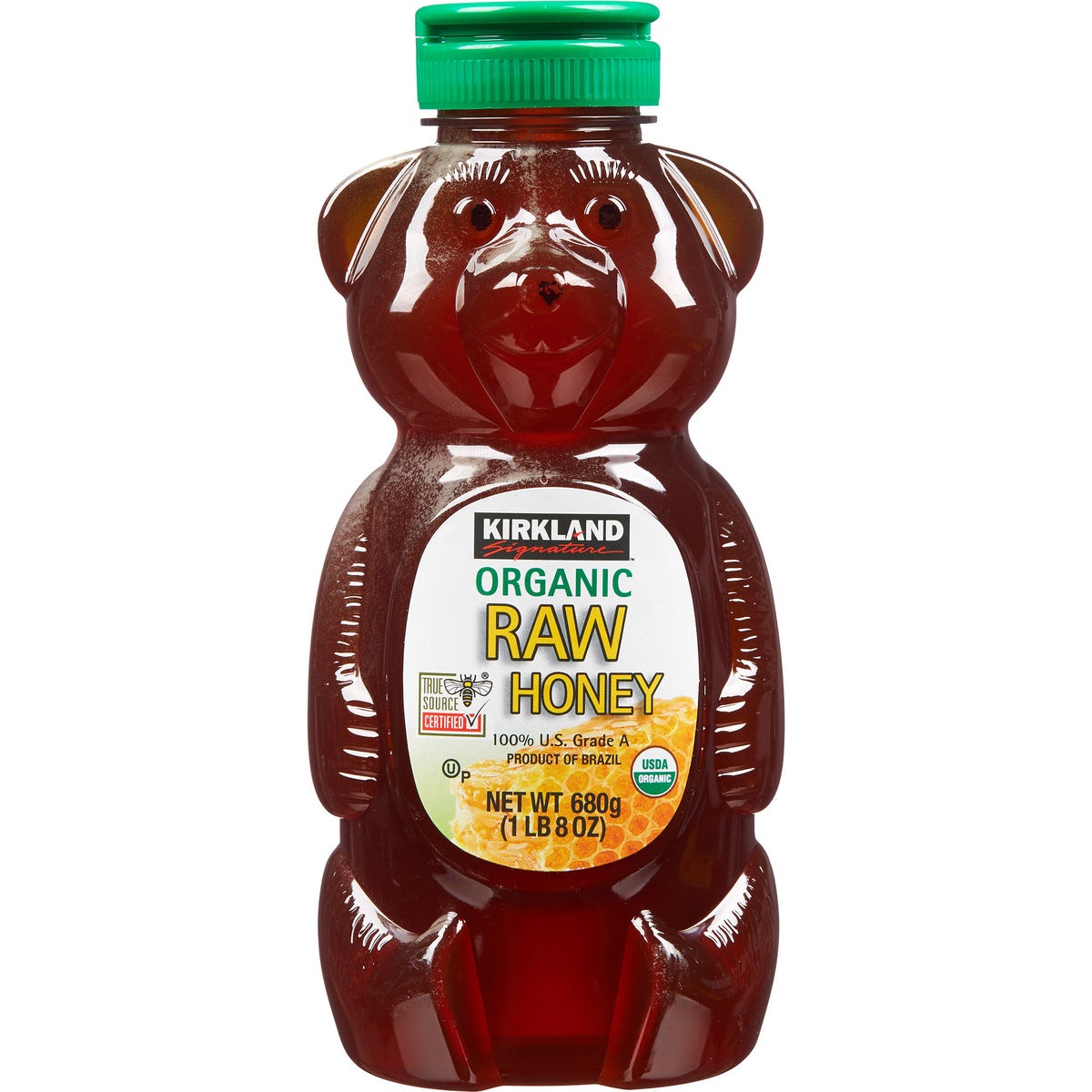Organic raw honey in honey bear plastic jar