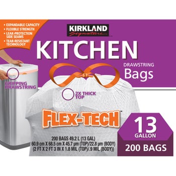 Kirkland Signature Flex-Tech 13-gallon kitchen trash bags 200-count