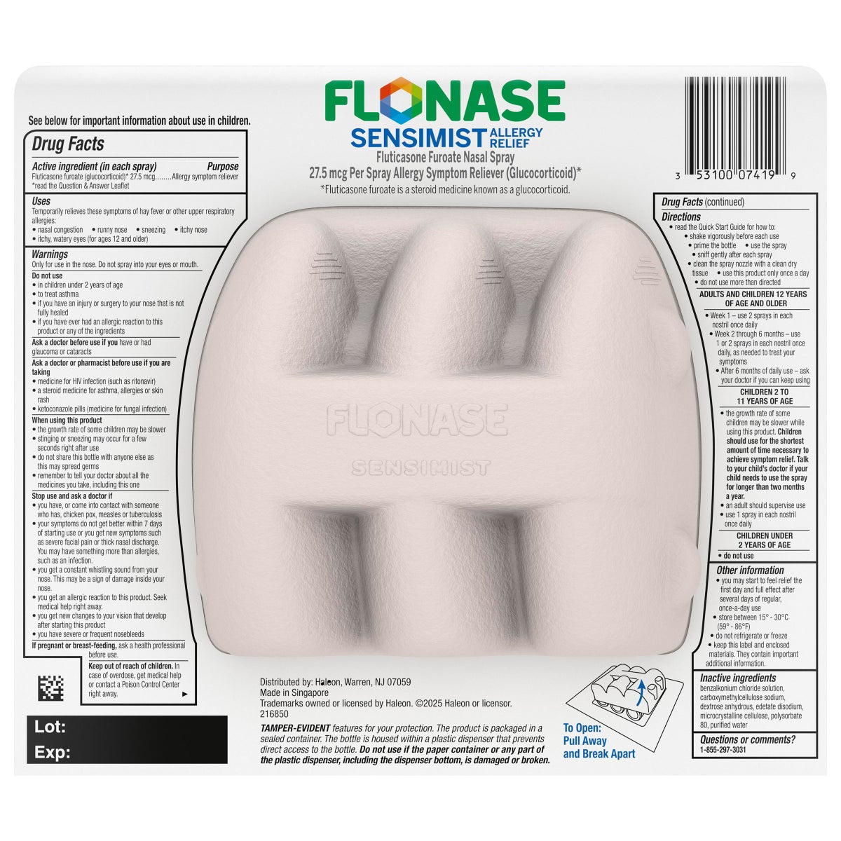 Flonase scent-free nasal mist bottle for allergy relief
