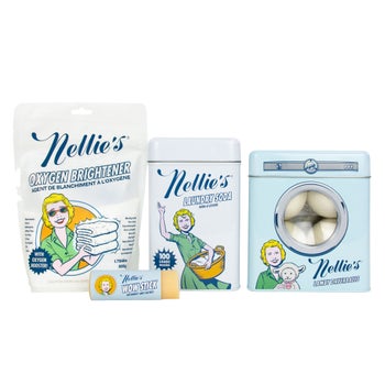 Nellie's Laundry Starter Pack with laundry soda, brightener, dryer balls, and stain stick