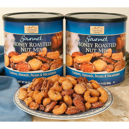 Resealable cans of honey roasted cashews almonds pecans and macadamias