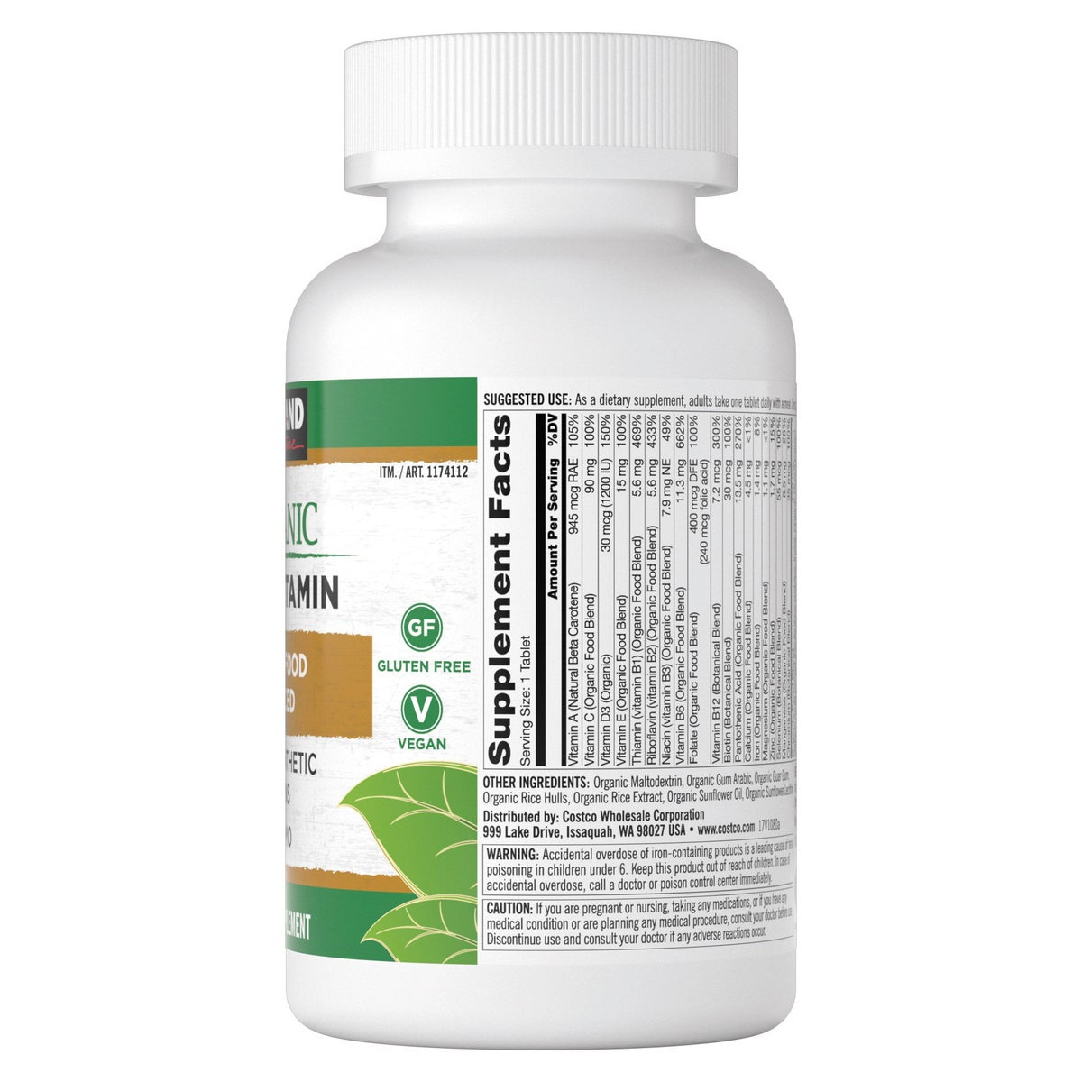 Kirkland Signature 80-count organic multivitamin supplement