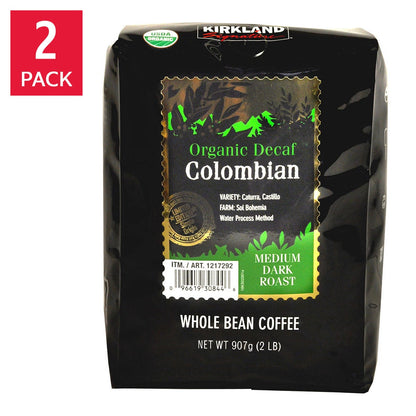 Kirkland Signature organic Colombian decaf whole bean coffee bag