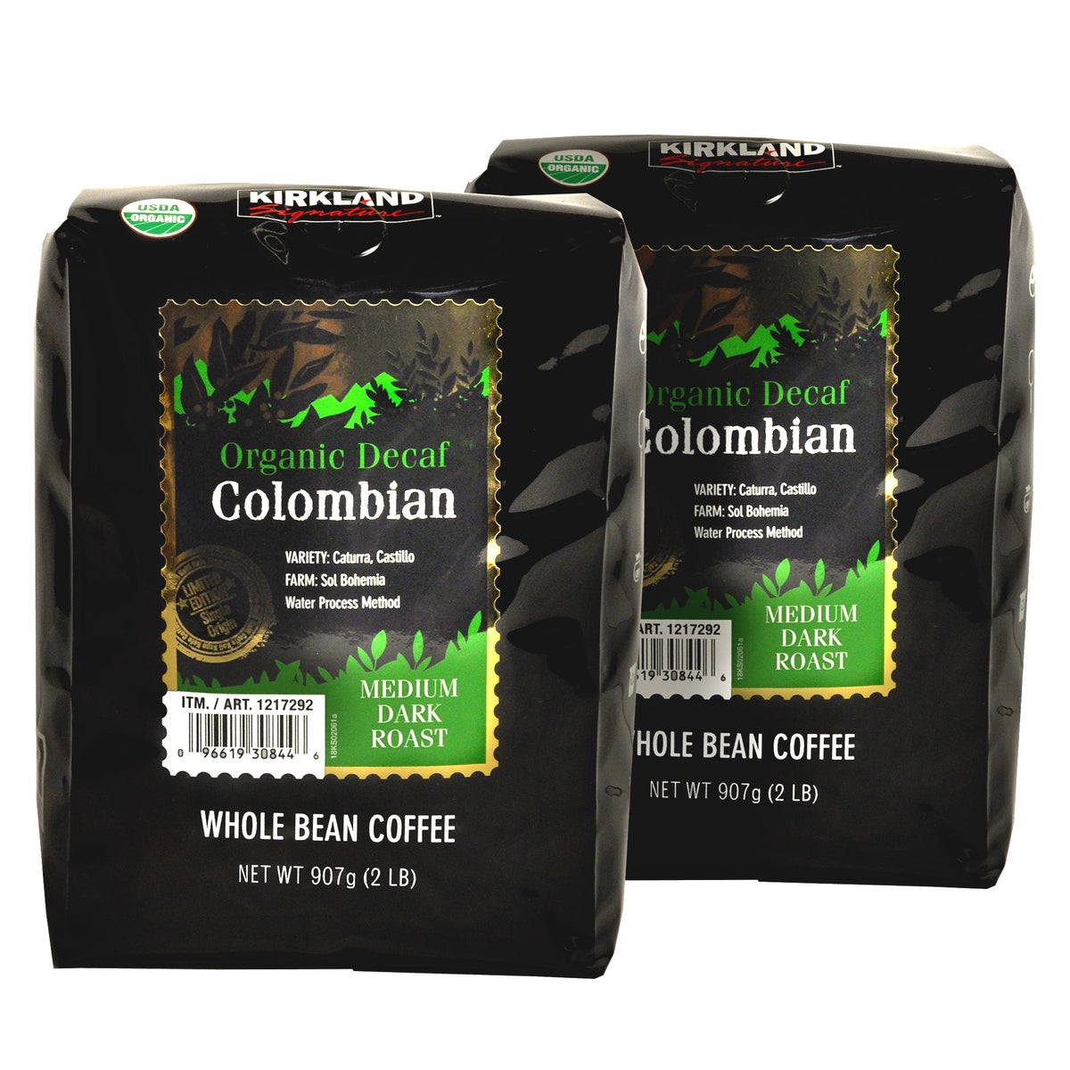 2 lb bag of Kirkland Signature decaf whole bean coffee