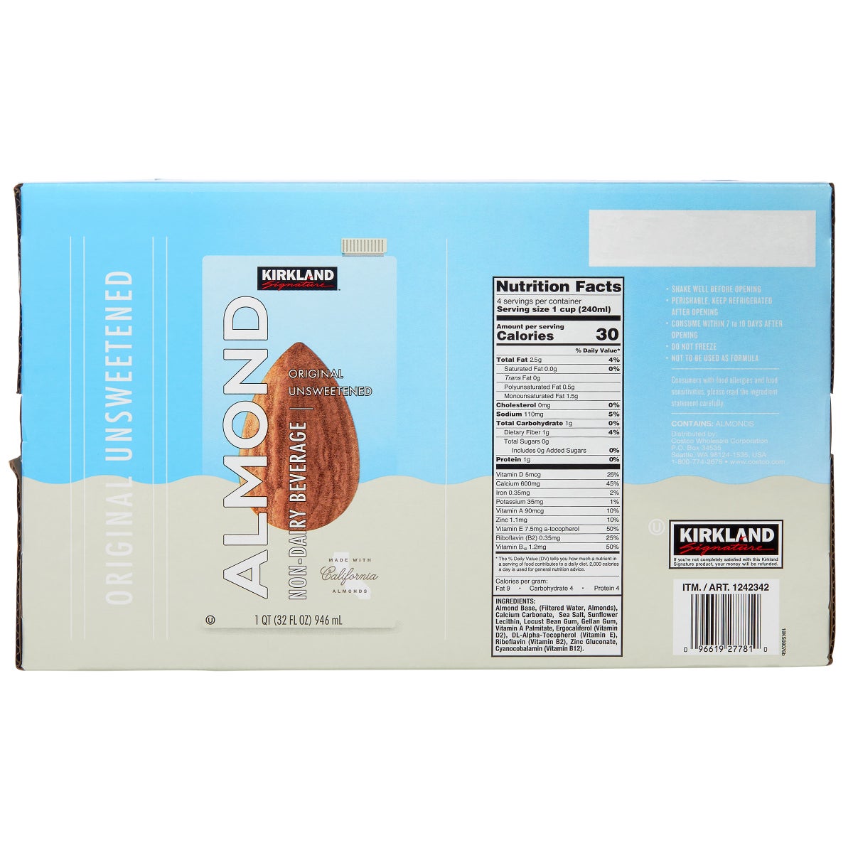 Kirkland Signature dairy-free almond milk packaging
