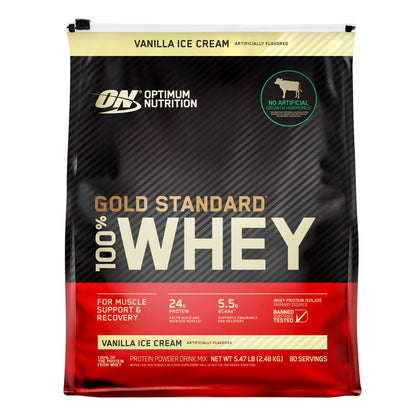 Optimum Nutrition Gold Standard vanilla whey protein tub