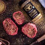 Organic buttery steakhouse seasoning bottles by Kinder's