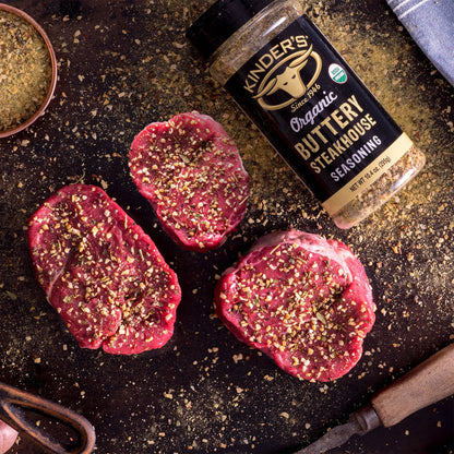 Organic buttery steakhouse seasoning bottles by Kinder's
