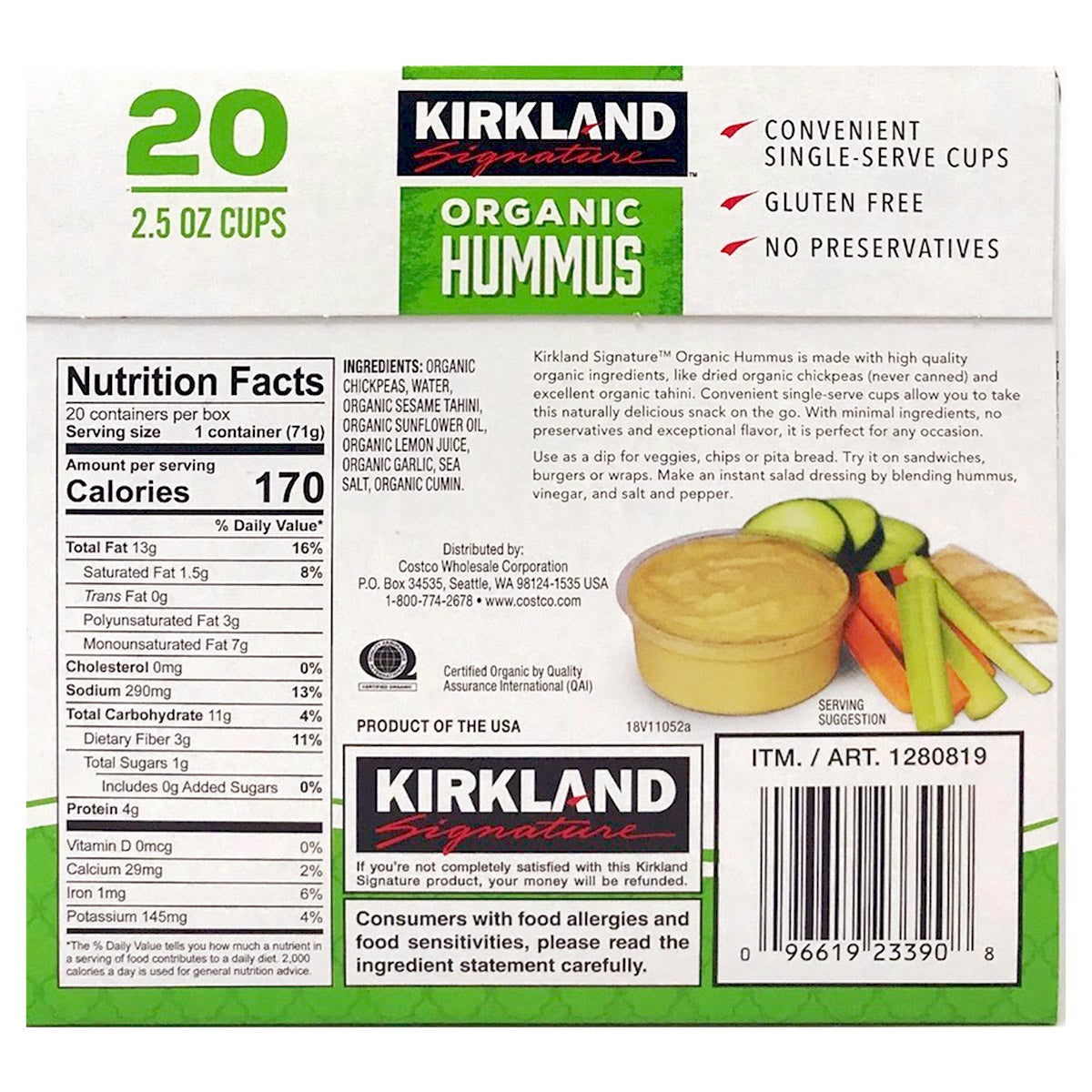 Single serve organic hummus cups 2.5 oz pack