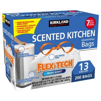Kirkland Signature Flex-Tech 13-gallon scented kitchen trash bags 200 count