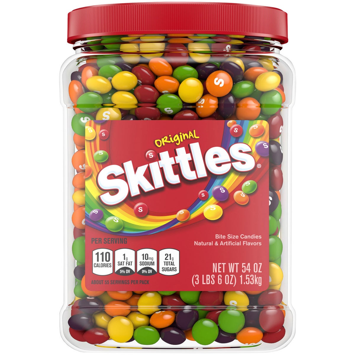 Front view of Skittles Original candy jar