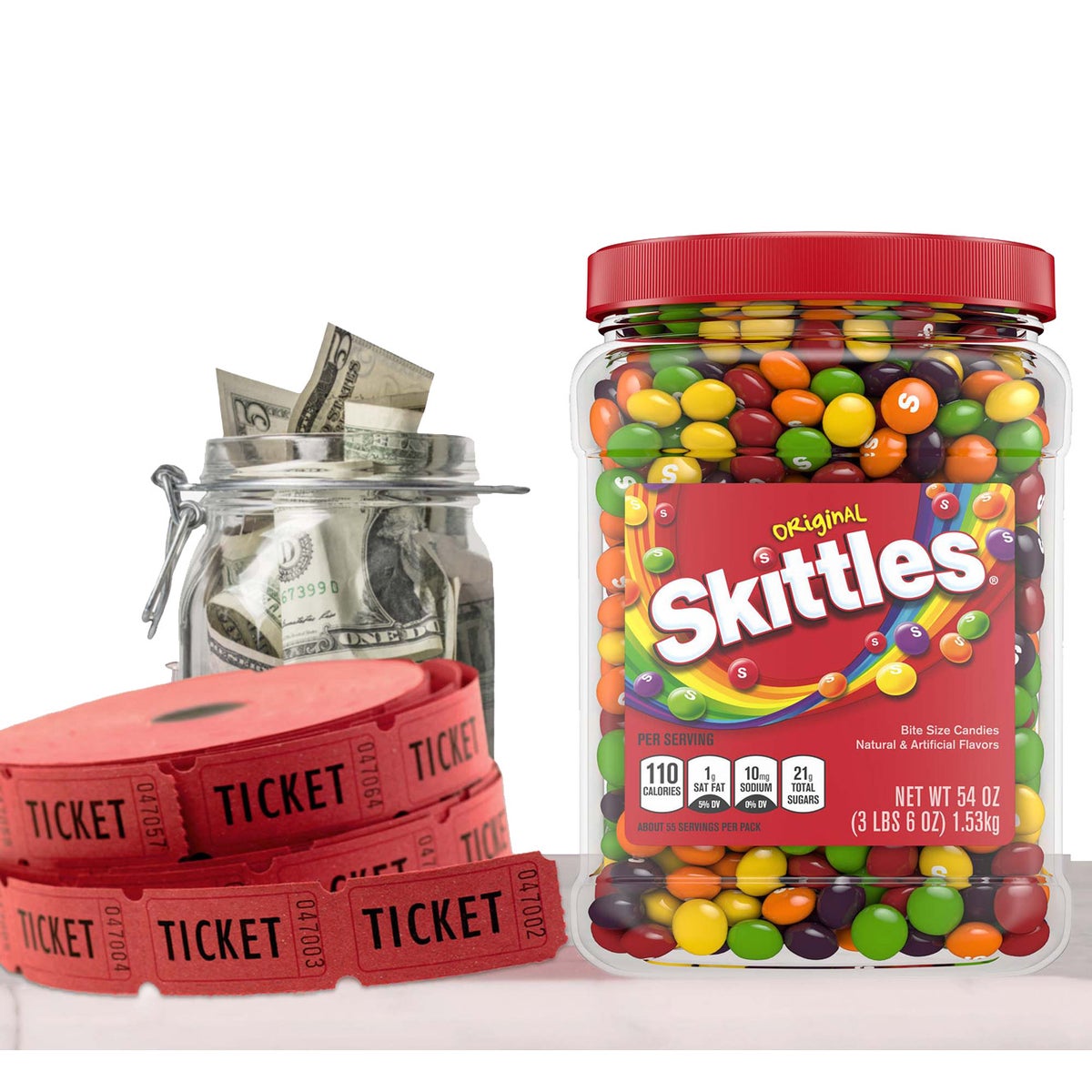 Large 54 oz jar of colorful Skittles candies