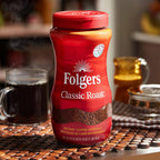 Coffee station jar of Folgers instant coffee