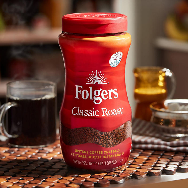 Coffee station jar of Folgers instant coffee