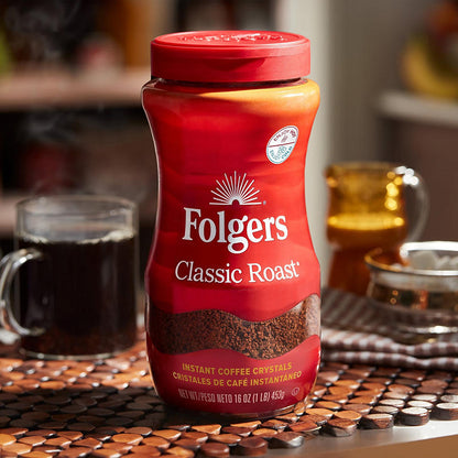 Coffee station jar of Folgers instant coffee