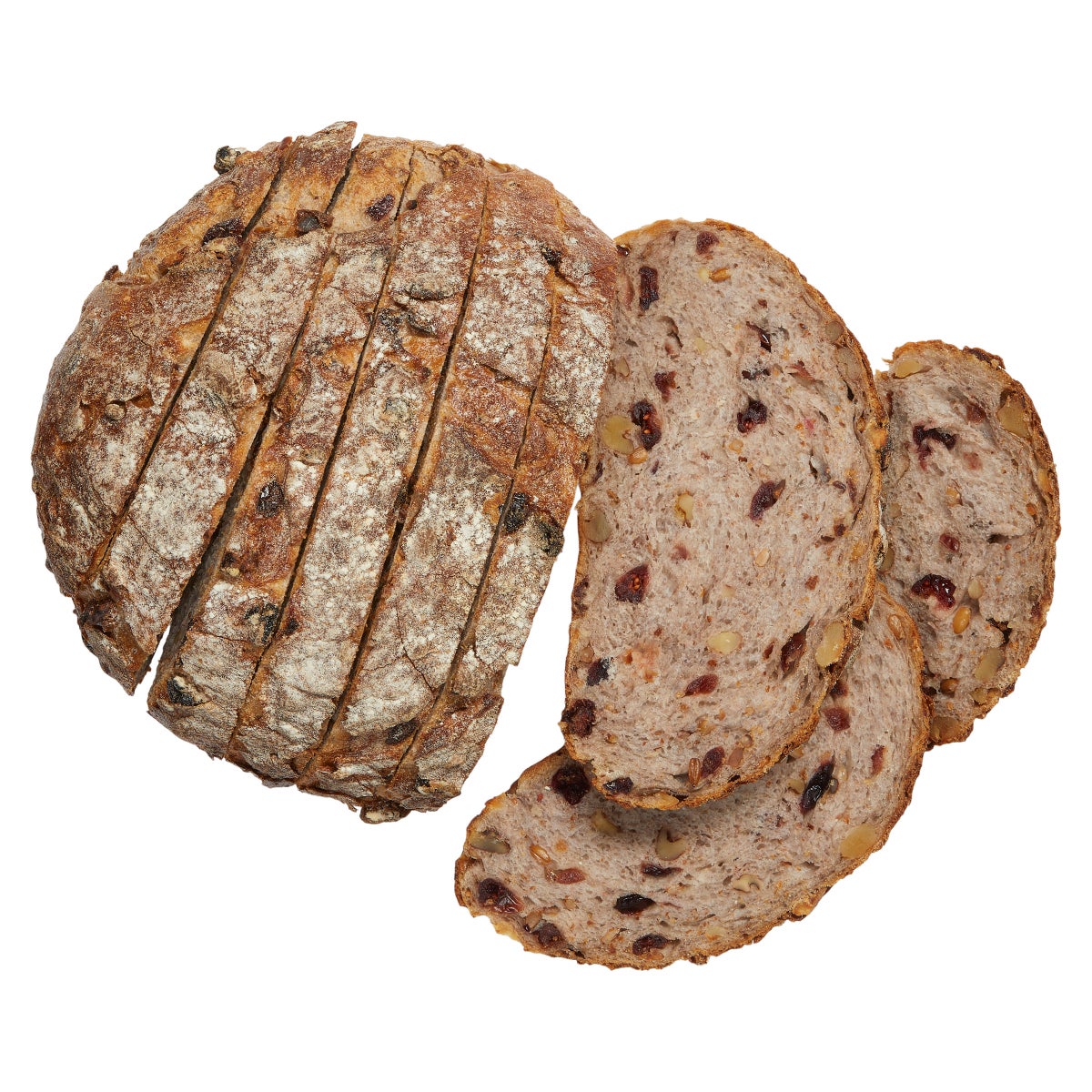 Hand-scored whole grain cranberry walnut bread