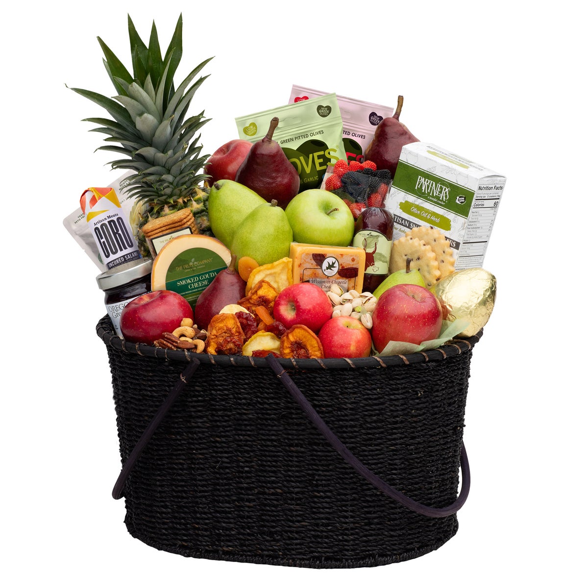 Gift fruit basket with pears apples pineapple salami and gouda