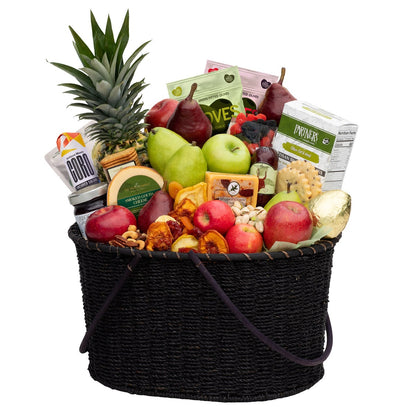 Gift fruit basket with pears apples pineapple salami and gouda