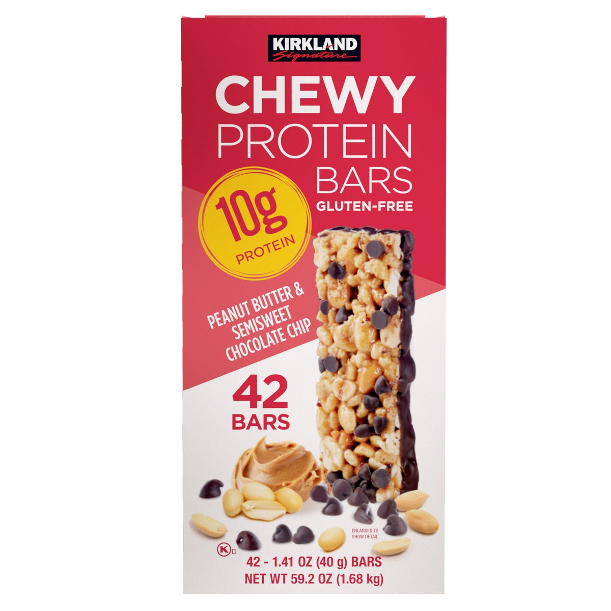 Kirkland Signature chewy protein bar peanut butter chocolate chip box