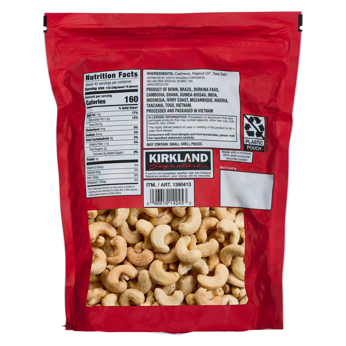 Premium whole cashews in large bulk snack bag