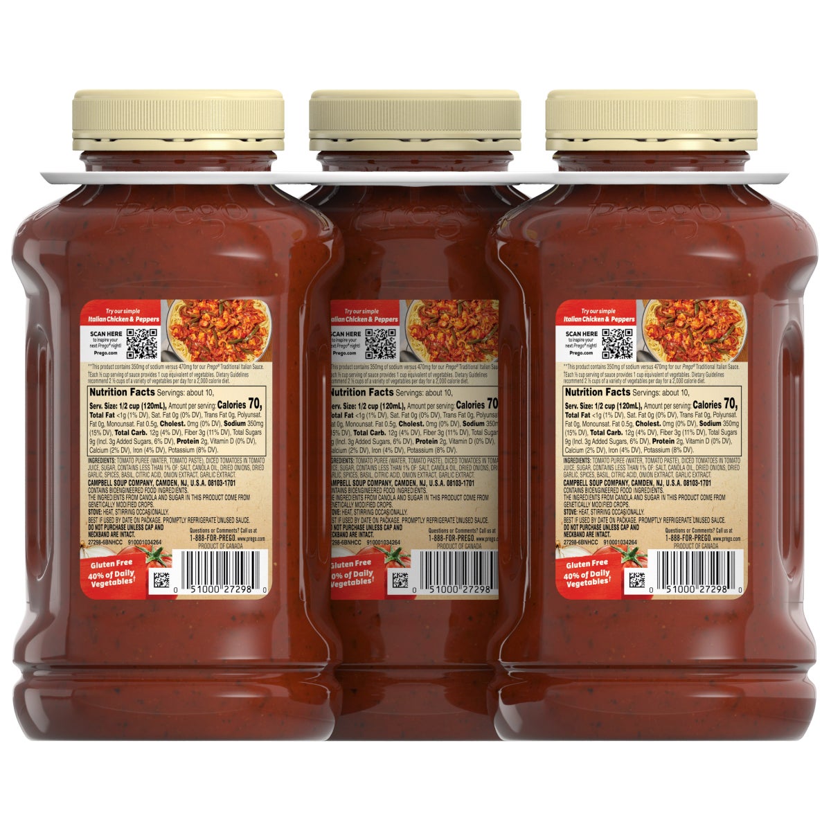 Three 45 oz jars of Prego pasta sauce