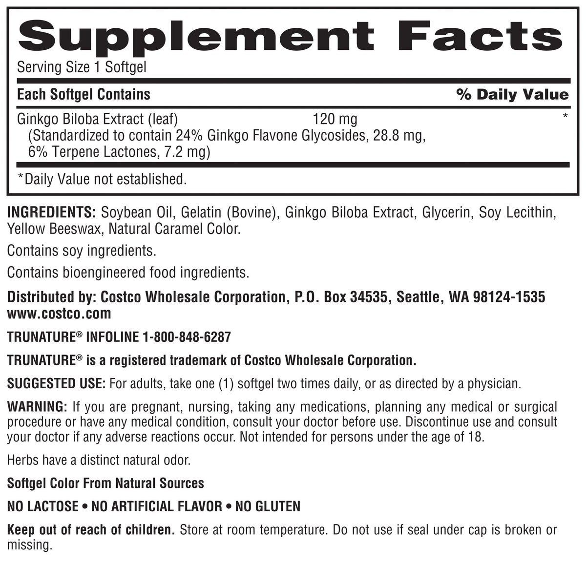 Trunature ginkgo biloba dietary supplement packaging