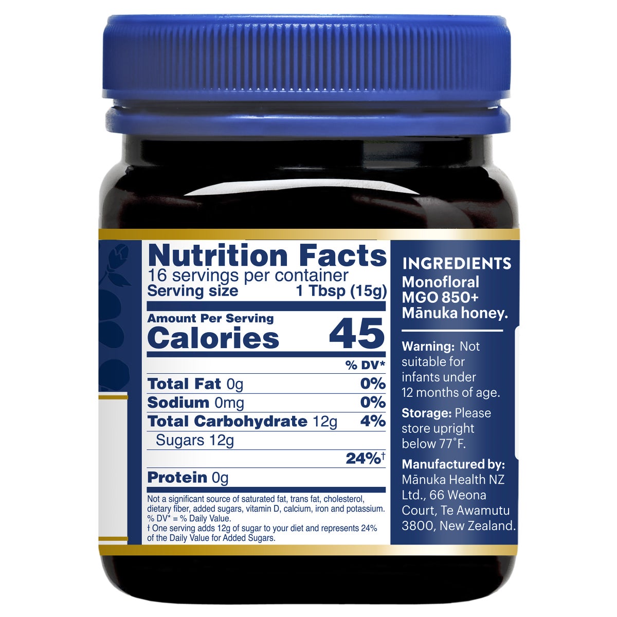 Front label of Manuka Health MGO 850+ honey