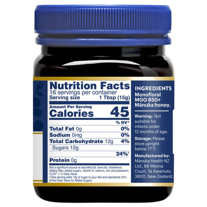 Front label of Manuka Health MGO 850+ honey