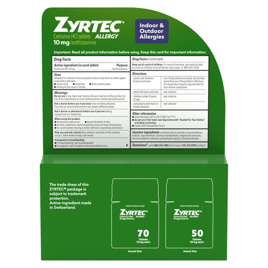 Zyrtec cetirizine HCl 10 mg allergy relief bottles
