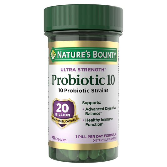 Nature's Bounty probiotic supplement bottle with 10 strains