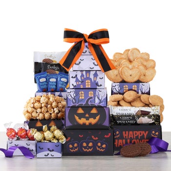 Happy Halloween Tower of Treats gift basket with cookies popcorn and chocolates