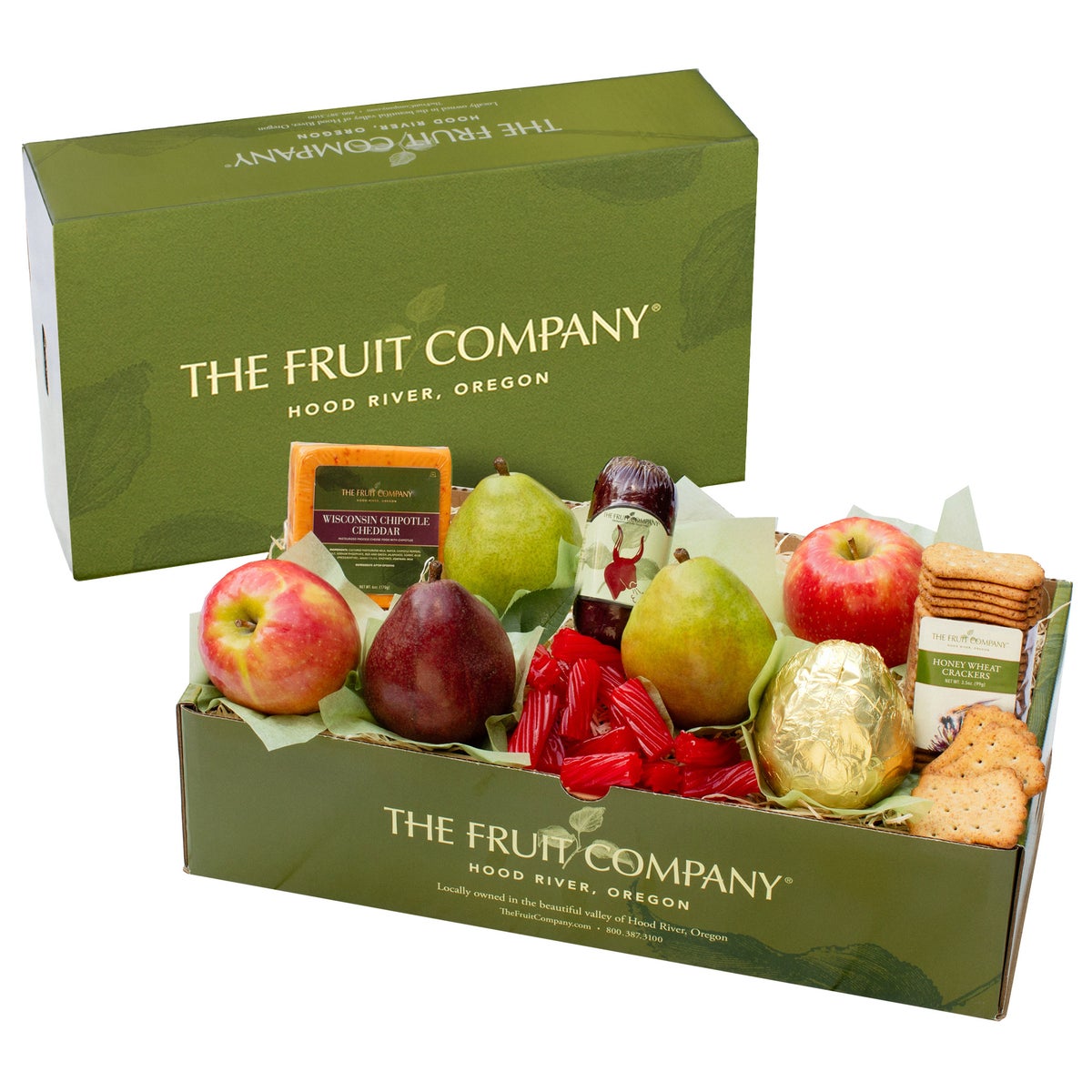 The Fruit Company gourmet gift box with apples pears cheese and crackers