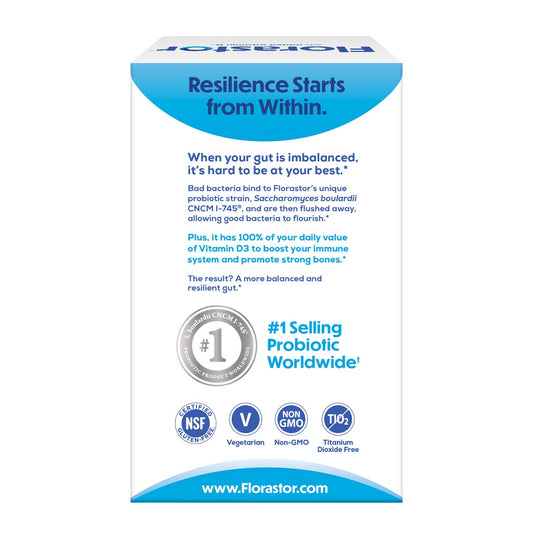 Florastor probiotic supplement box with Vitamin D3