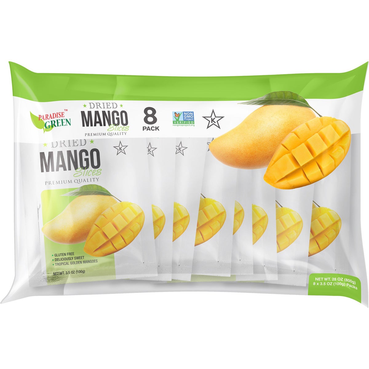 Paradise Green dried mango slices 3.5 oz pack