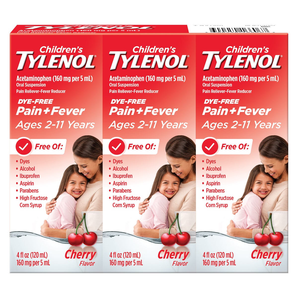 Children's Tylenol dye-free cherry liquid pain relief and fever medicine