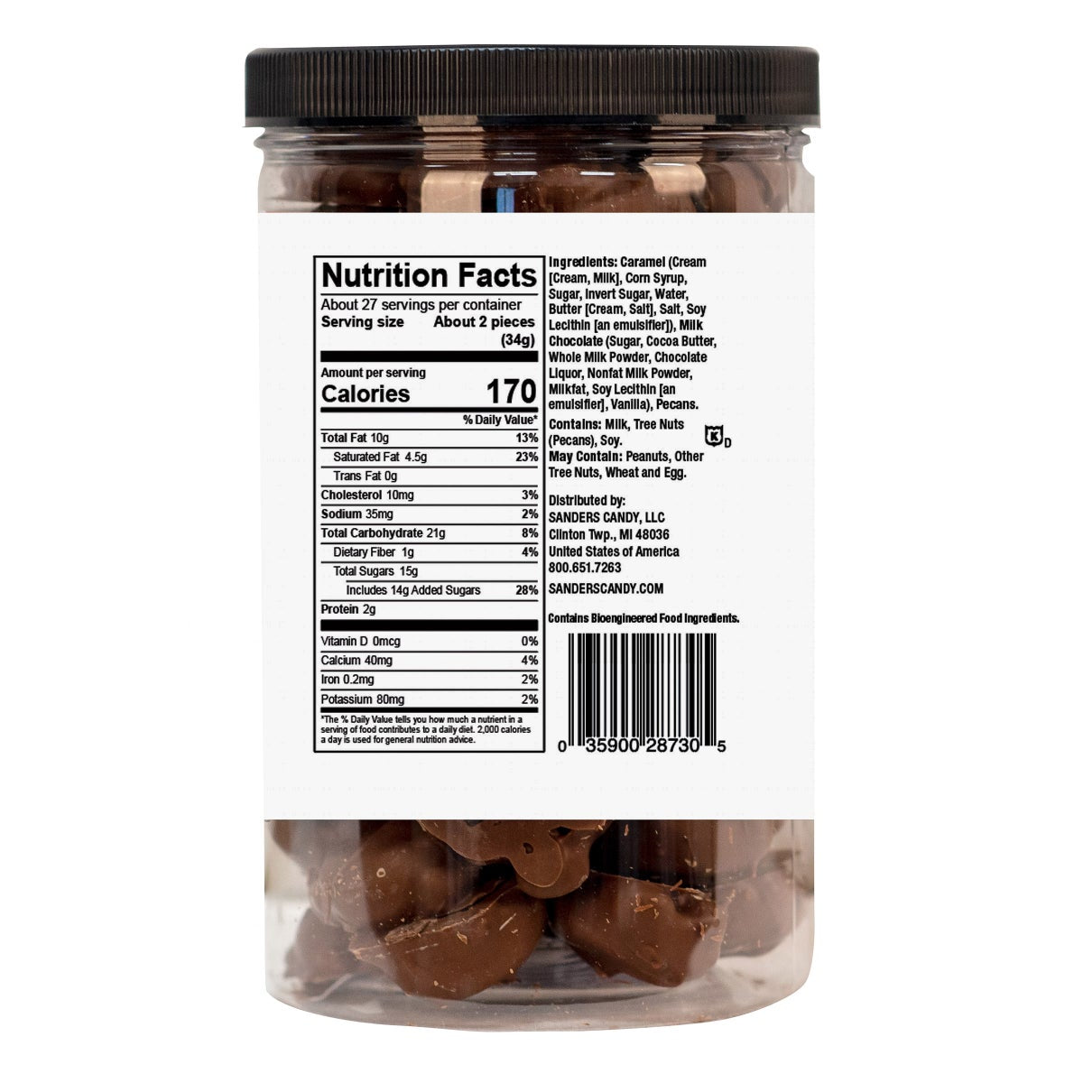 Sanders chocolate pecan caramel candy clusters package