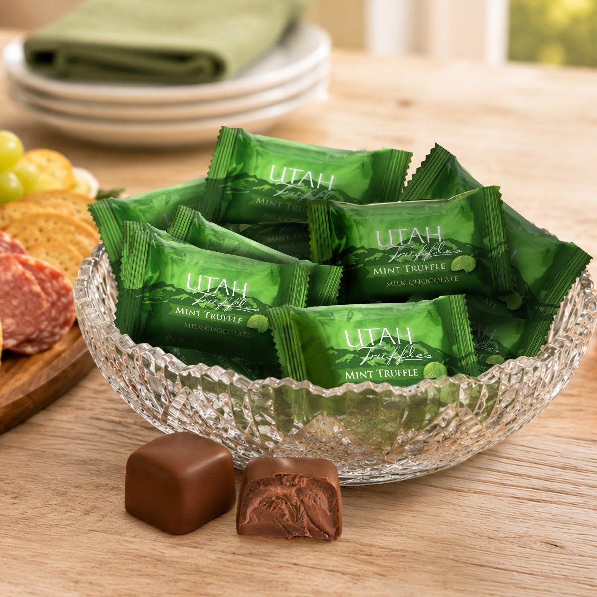 Individually wrapped mint chocolate truffles by Utah Truffles