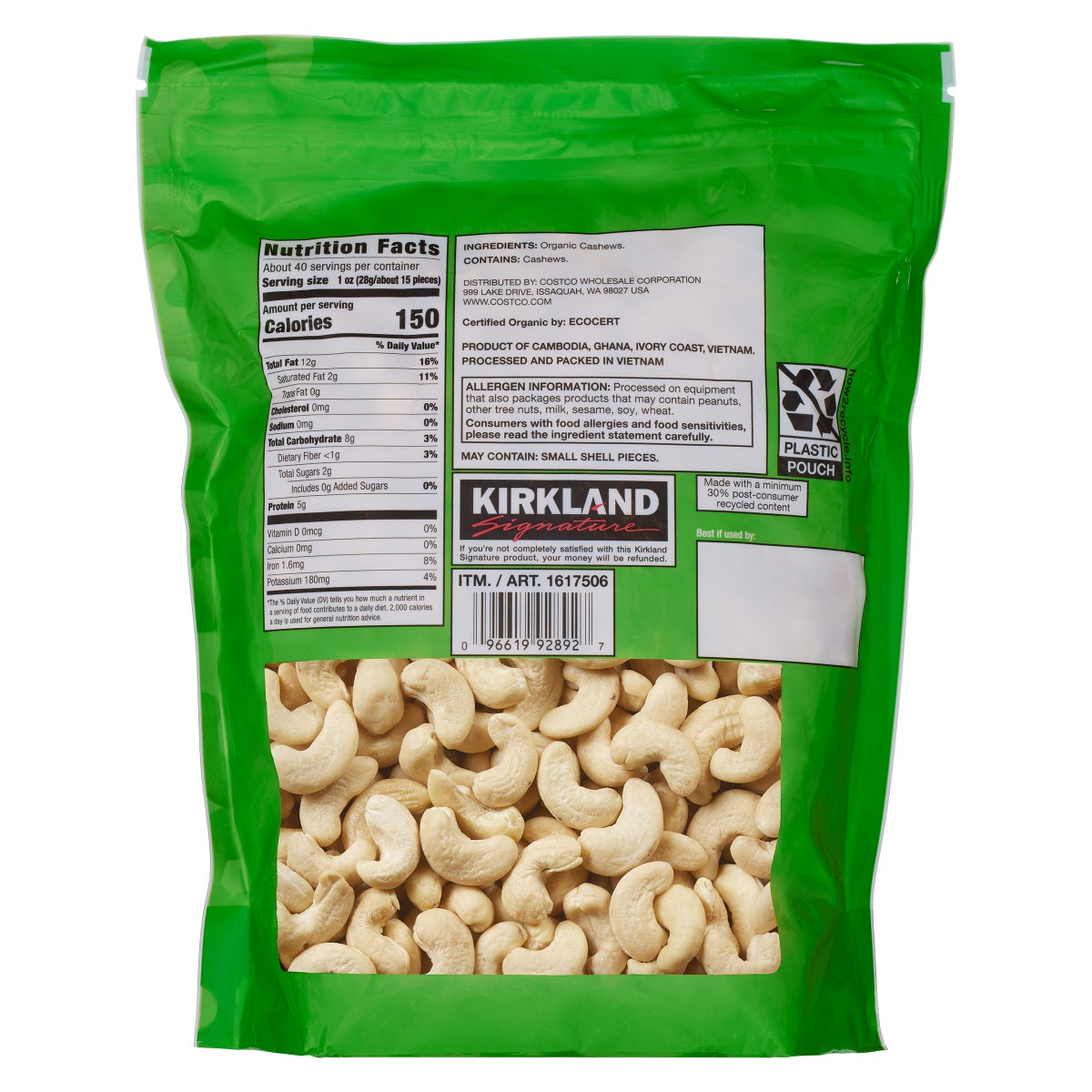 Unsalted unroasted organic cashews in resealable bag