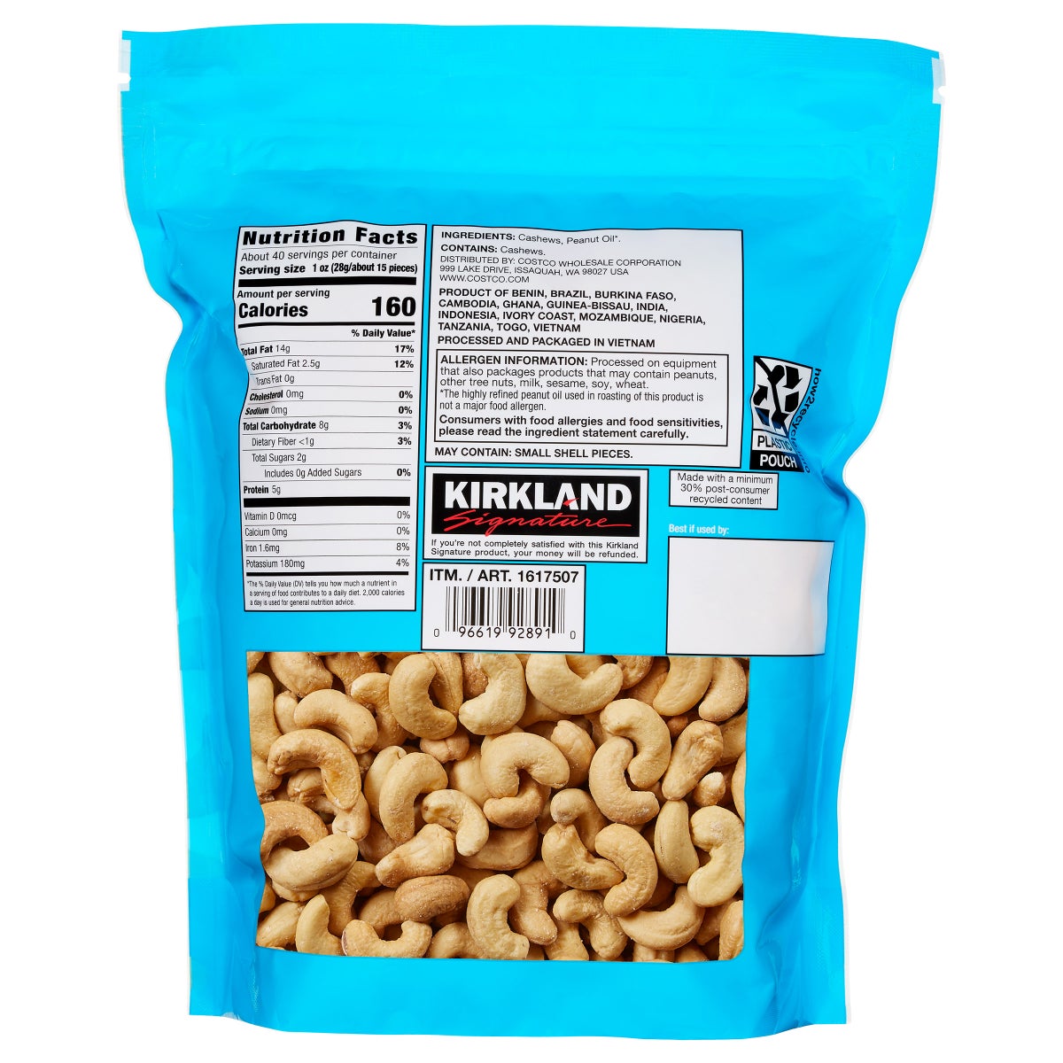 Fancy whole cashews in resealable pouch