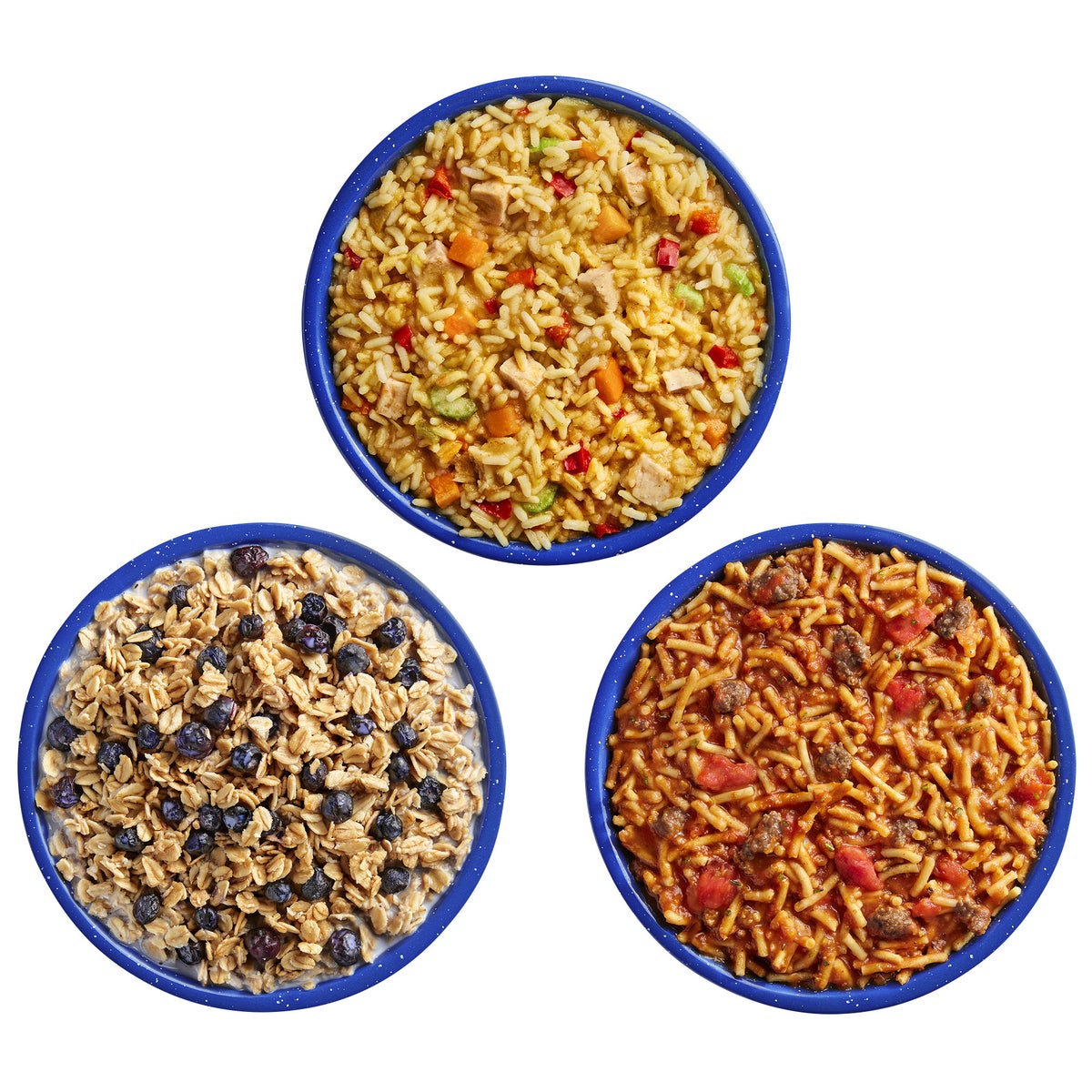 Assorted Mountain House emergency meal cans